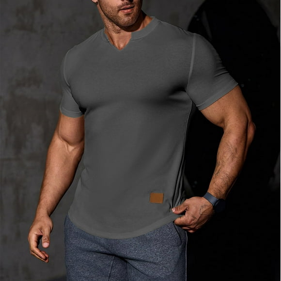 pstuiky camisetas para hombre, Camisa informal de manga corta con cuello en V y textura vertical de color liso para hombre camisas casuales para hombre m