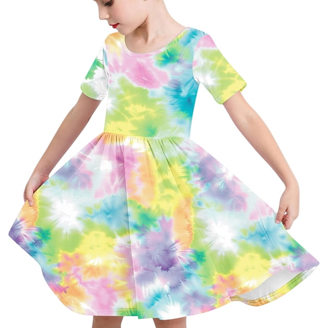 Odeerbi Niñas Gradiente Tie-Dye Skater Vestido Verano Flamed Swing Vestido Niños Manga Corta Elástico Vestido de Una Línea