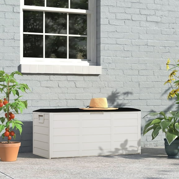 GoDecor 75gal Outdoor Garden Plastic Storage Deck Box Chest Tools Cushions Toys Lockable Seat w/ Wheel White