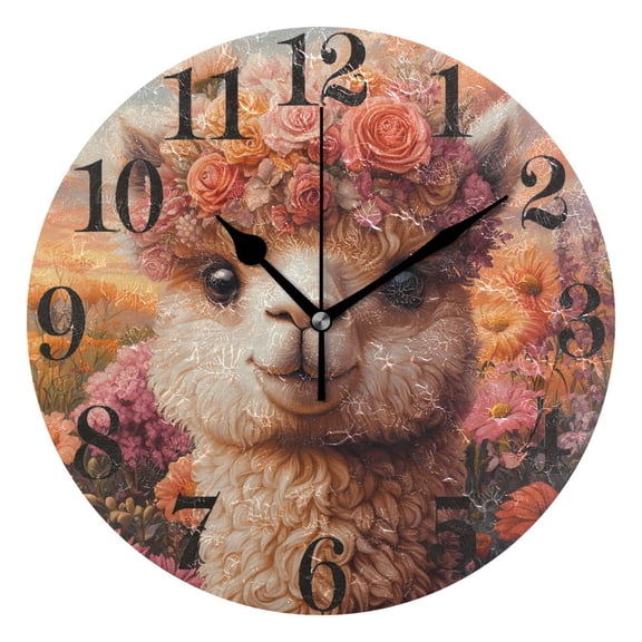Alpaca in Flowers Sea Round Wall Clock Battery Operated Silent Non-Ticking Bedroom Office Kitchen Home School Decor 10"(Black)