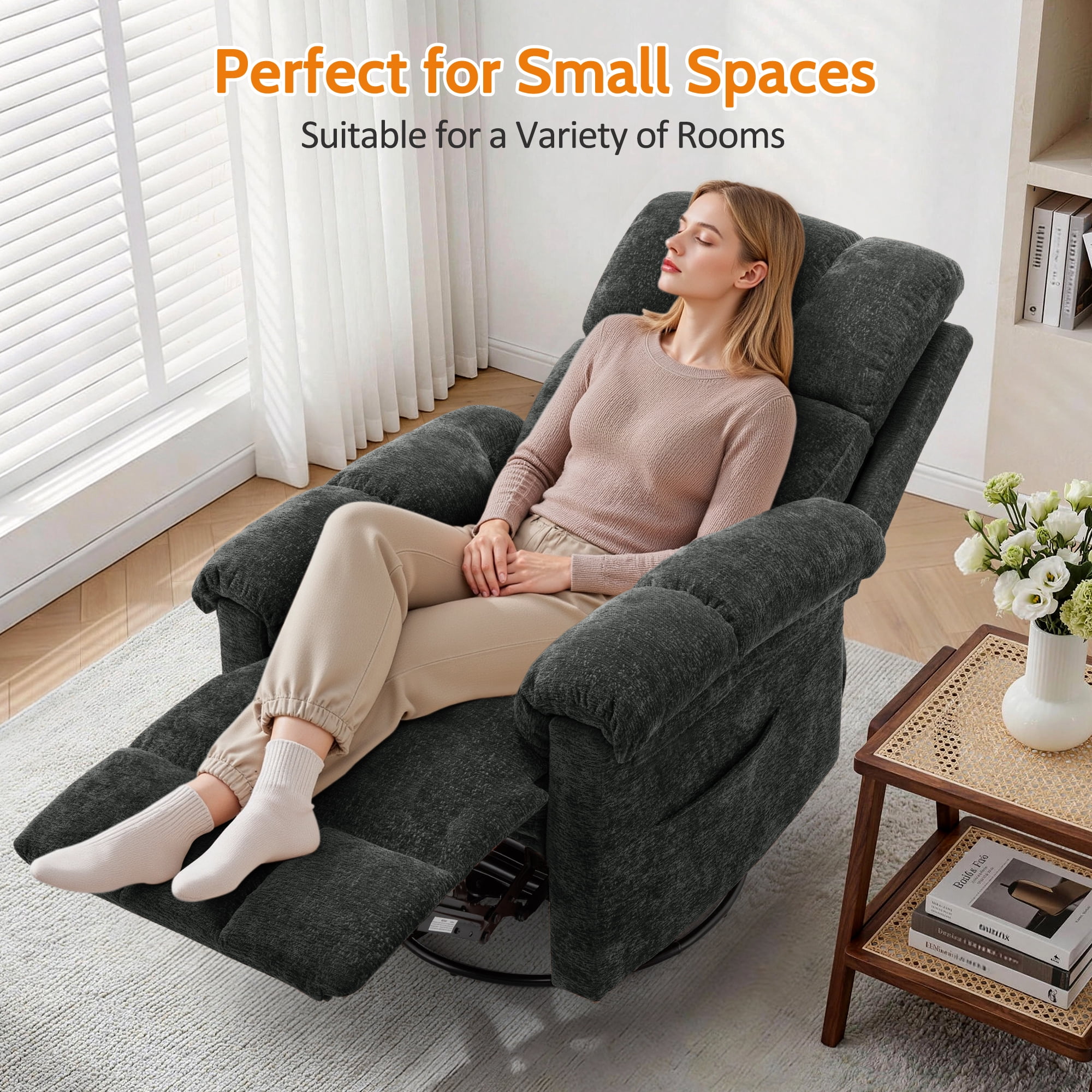 Korser Small Recliners for Small Spaces,Swivel Rocker Recliner Chair with Side Pockets for Living Room,Black