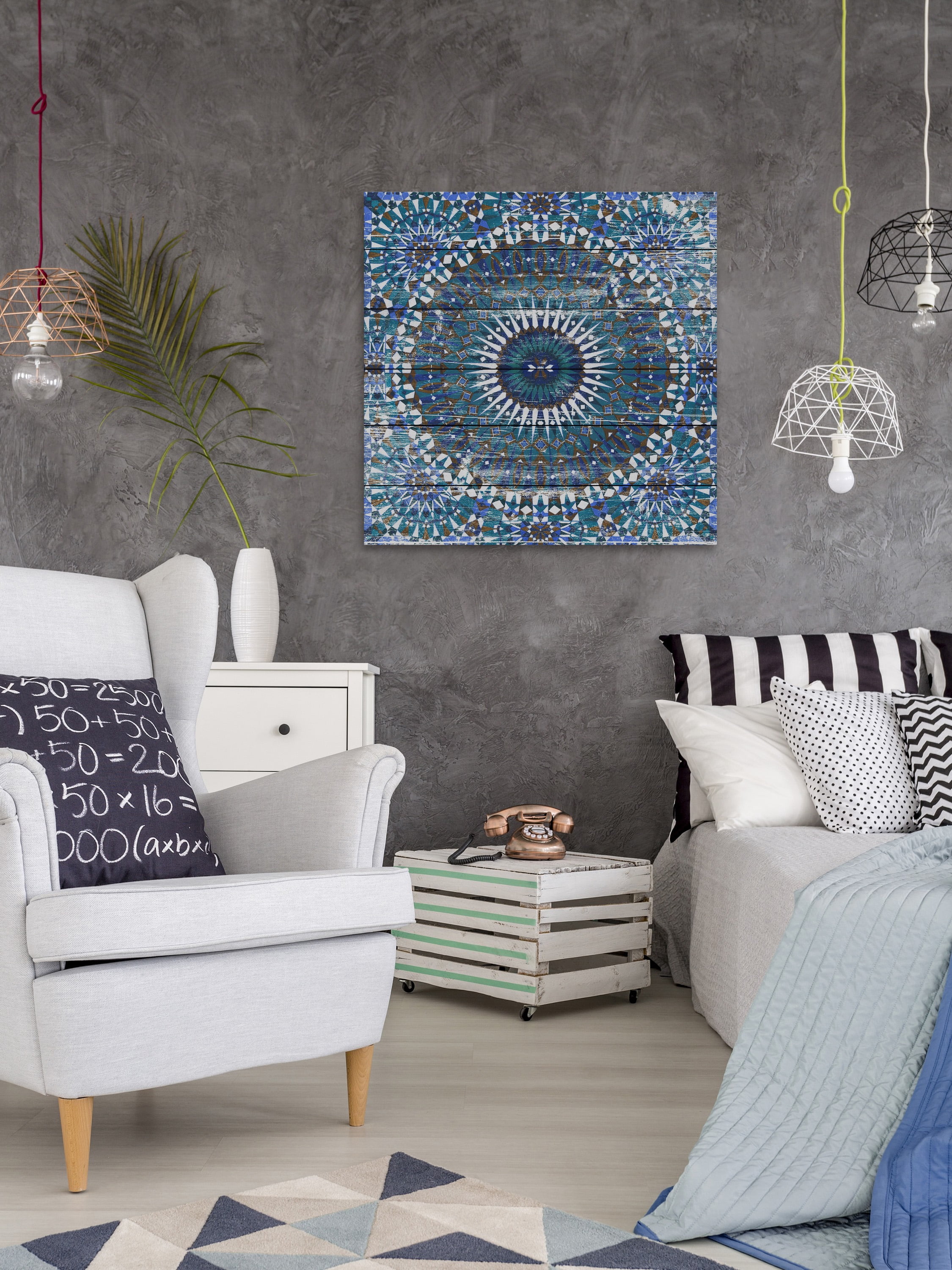 Marmont Hill Morrocan Blue White Wood Wall Art, 12" x 12"