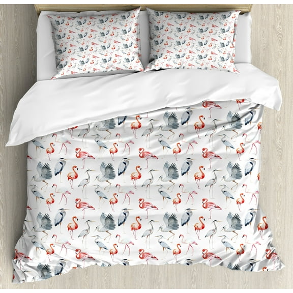 Flamingo Duvet Cover Set King Size, Heron and Flamingo Birds with Artistic Watercolor Design Wildlife Nature, Decorative 3 Piece Bedding Set with 2 Pillow Shams, Grey Vermilion White, by Ambesonne