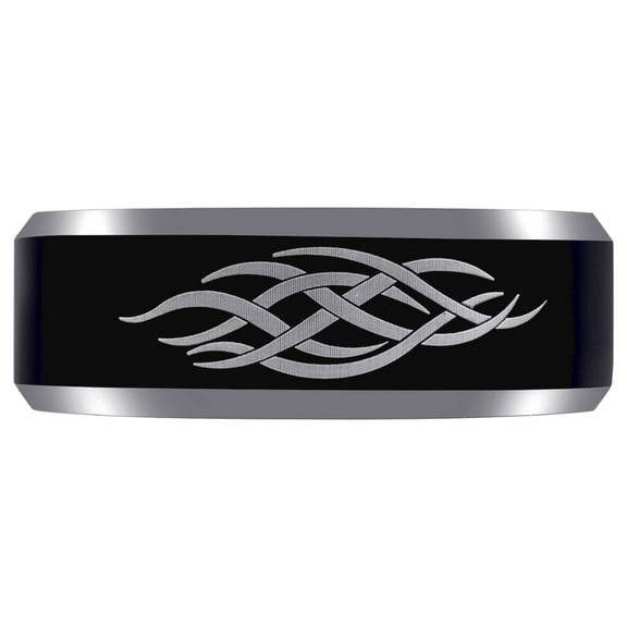 Tungsten Black Center Laser Etched Tribal Flame Design Mens Comfort-fit 8mm Size 13.5 Wedding Annive Ring for Men
