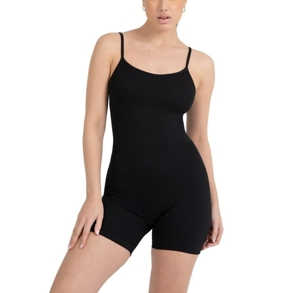 YITTY Active Women's Seamless Spaghetti Strap Short Jumpsuit – 5" Inseam One-Piece Ribbed Romper, Built-In Bra, Tummy Control,Iconic Black, M