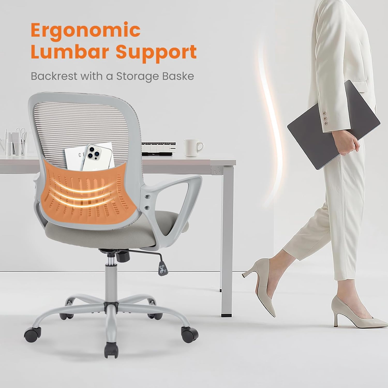Atilioo Ergonomic Office Chair, Comfy Desk Chair with Adjustable Height & Lumbar Support, Mesh Swivel Rolling Computer Chair with Armrests for Adults, Gray