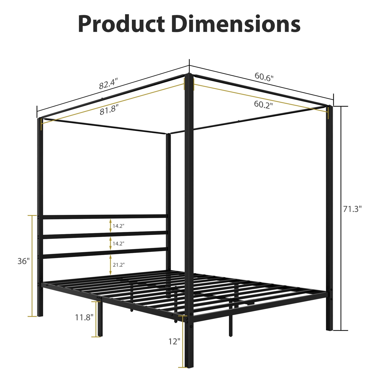 LINJH Queen Size Metal Canopy Bed Frame Black Headboard & Footboard for Bedroom Black