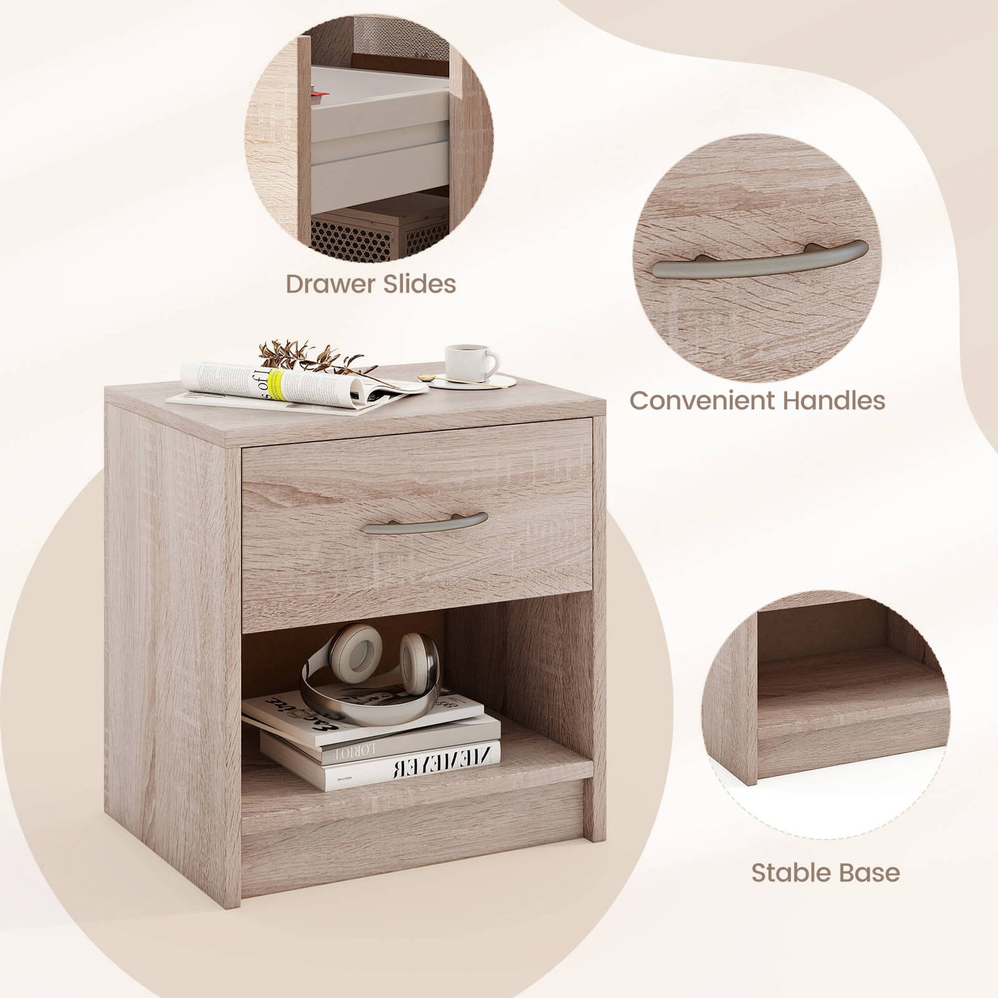 Costway Modern Nightstand Bedside Table with Drawer Open Storage Shelf for Small Spaces Natural