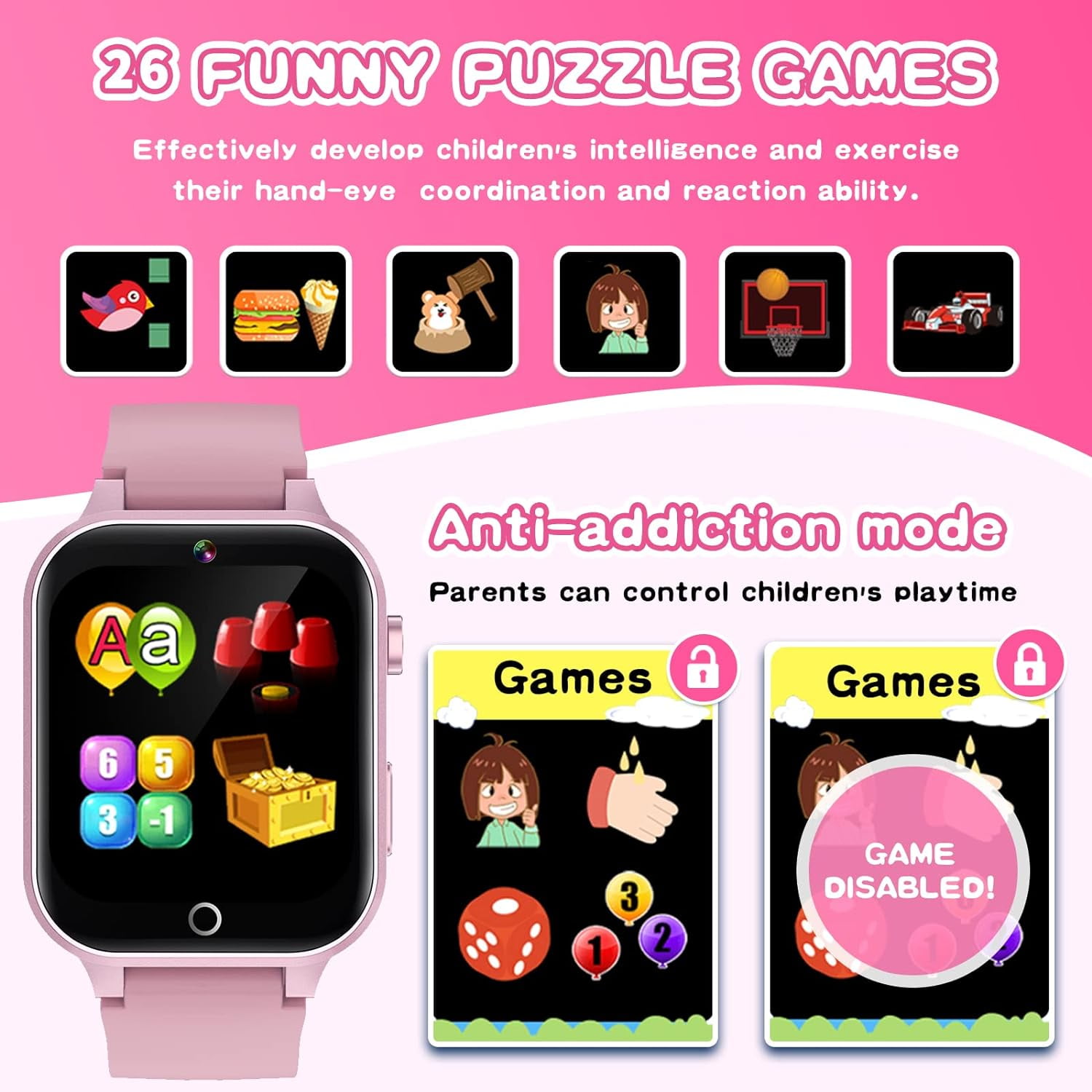 Wiszodet Kids Smart Watch Girls Gifts for Girls Age 5-12, 24 Puzzle Games HD Touch Screen Smart Watches with Video Camera Music Player PE