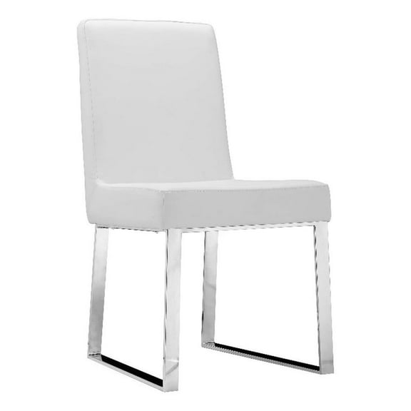 Ien 25 Inch Dining Chair Set of 2, Armless, White Faux Leather, Chrome