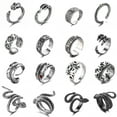thumbnail image 1 of Juego de 16 anillos góticos punk de plata para hombres y mujeres, con diseño de rana, serpiente, mariposa, araña, ojo de animal, ajustable, estilo gótico, apilables., 1 of 5