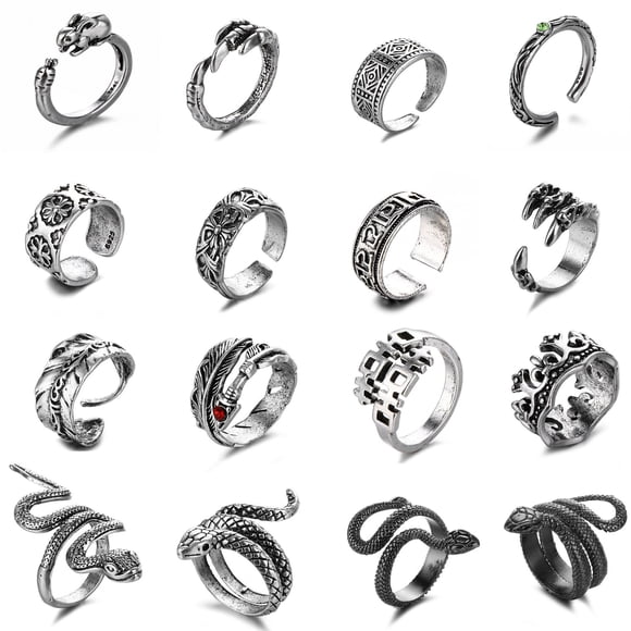 Juego de 16 anillos góticos punk de plata para hombres y mujeres, con diseño de rana, serpiente, mariposa, araña, ojo de animal, ajustable, estilo gótico, apilables.