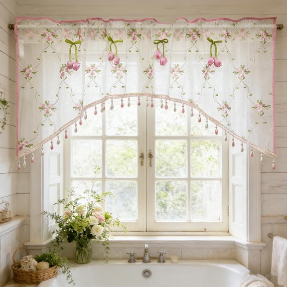 AUQ Victorian Floral Lace Sheer Swag Curtain Valance Arched Doorway Curtain Pink Tulip Romantic Embroidered Light Filtering Voile Window Drape Beaded Trim Kitchen Bathroom Small Window 1 Panel
