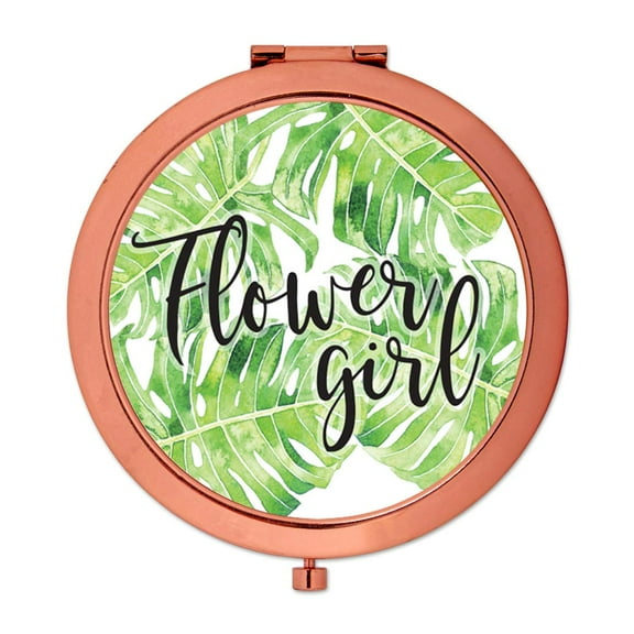 Koyal Wholesale Compact Mirror Flower Girl Wedding Gift, Rose Gold, Tropical Monstera Palm Leaves, 1-Pack