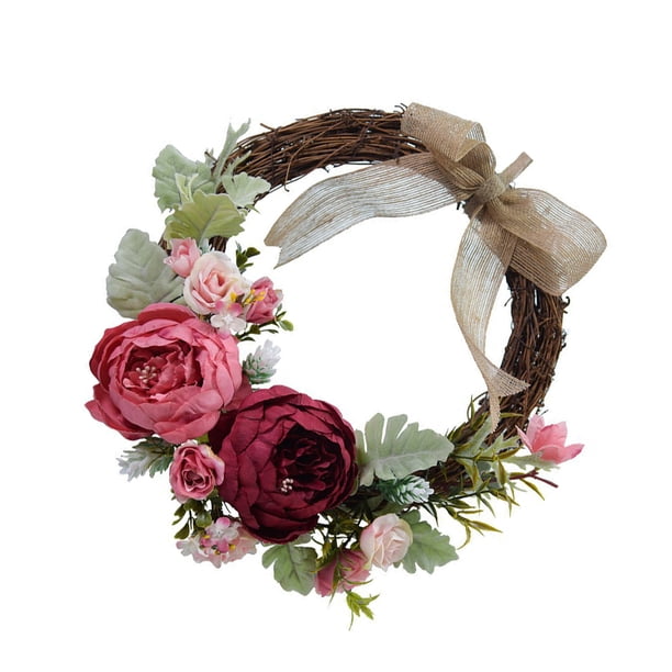 Toystoory Guirnalda de puerta, flor artificial, simulación de ratán, guirnalda para colgar en la pared, accesorios de fotografía para fiesta Decoración del hogar rosa roja diámetro 26 cm