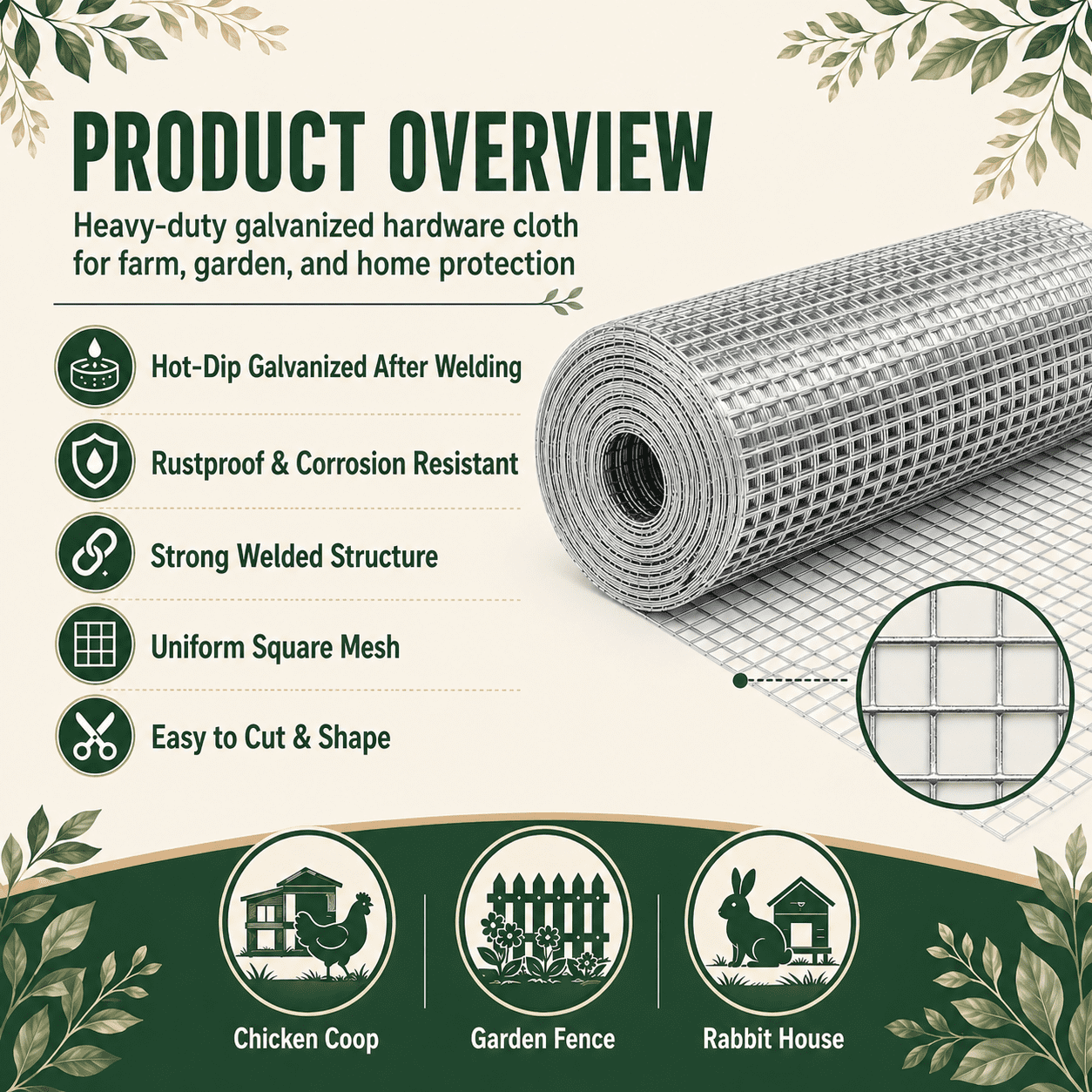 Metal Mesh with 1/2-Inch Welded Chicken Wire 48x100 FT, White Hardware Cloth and Garden Plant Fencing for Chicken Coops Home Renovation, White