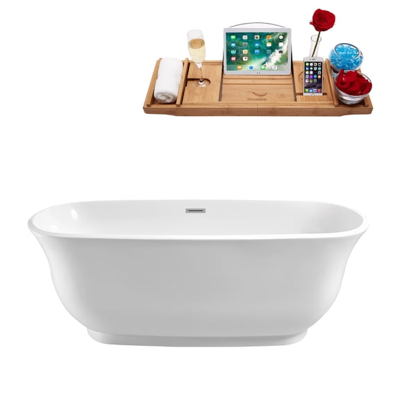 59" Streamline N-660-59FSWH-FM Soaking Freestanding Tub and Tray With Internal Drain