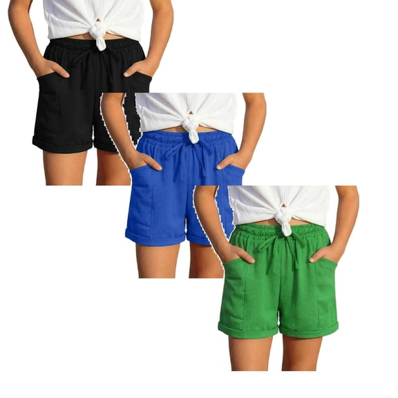 XEGLSBU 3 Pack Girl's Casual Shorts with Pockets Solid Color Bottom Soft Comfortable Elastic Waist Summer Playwear Size 14-15 Years