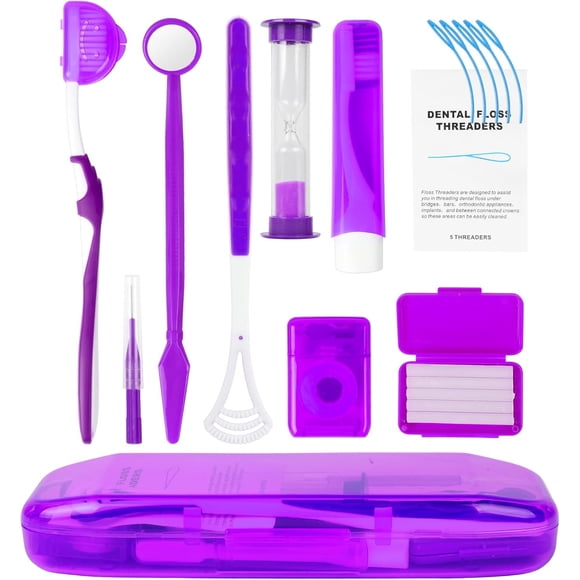 OFFCUP Orthodontic Care Kit 9 Pack Braces Cleaning Set Oral Care kit V-Brush Oral Mirror Ortho Wax Timer Dental Floss Threaders Interdental Brush Tongue Scraper (Purple)
