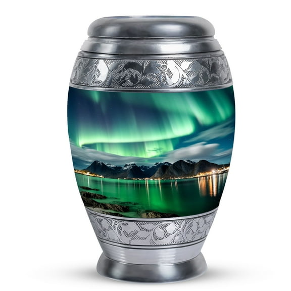 Aurora's Luminous Cascade Above Arctic Village - Miniature Cremation Urn for Adult Men - Elegant Memorial Keepsake - Ashes Tribute - Urns For Human Ashes Adult - 3 Inch, 1 Pc