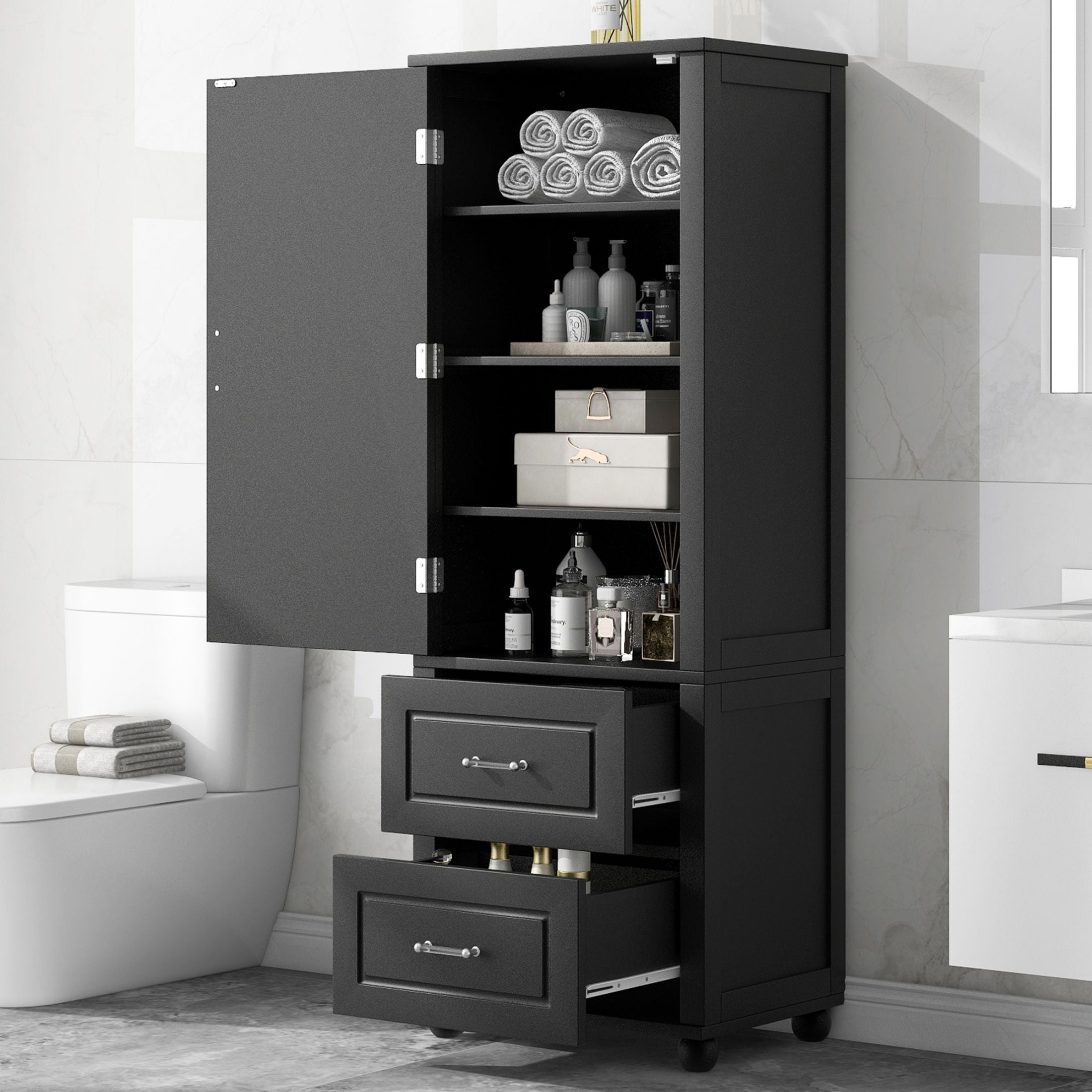 DEALTOPS Tall Spacious Storage Cabinet with 2 Drawers and Adjustable Shelves, Black