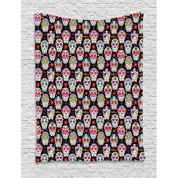 Sugar Skull Tapestry, Skeleton Theme Day of the Dead Sugar Skull Pattern with Different Ornaments, Wall Hanging for Bedroom Living Room Dorm Decor, 40W X 60L Inches, Multicolor, by Ambesonne