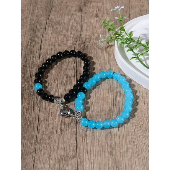 QQTDFG 2pcs/set Creative Black and Blue Magnetic Heart Charm Beaded Bracelet For Couple-default