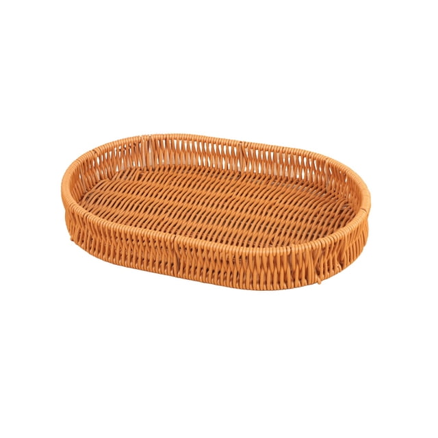 COM1950s Woven Storage Basket, Plastic Rattan Basket for Organizing, Multipurpose Tray for Bread, Fruit, Vegetables, Snacks, Home Kitchen Counter Decor, Easy to Clean, 15.75x12x1.57in