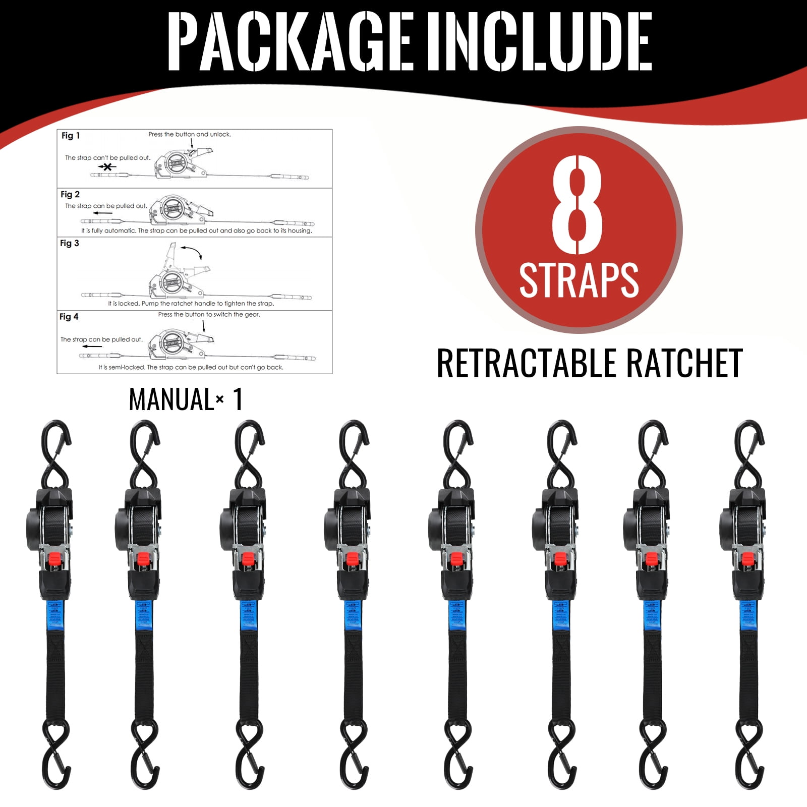 TLGREEN Retractable Ratchet Straps, 8 pack,1” x 10’ 1650lb Break Strength Heavy Duty Auto Self Retracting Tie Down Straps for Truck, Cargo, ATV, Boat