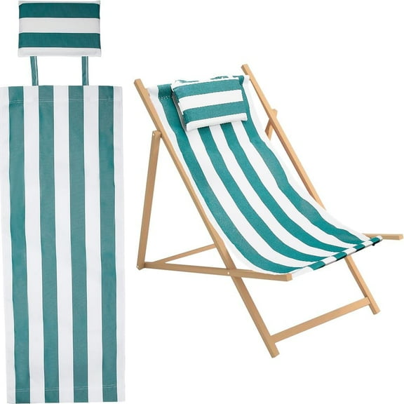 Beach Sling Chair Canvas Cloth with Pillow 44x17 Green and White Stripes Casual Lounge Chair Replacement Canvas Outdoor Folding Chair Fabric for Patio Beach Sunbathing Garden Courtyard Green