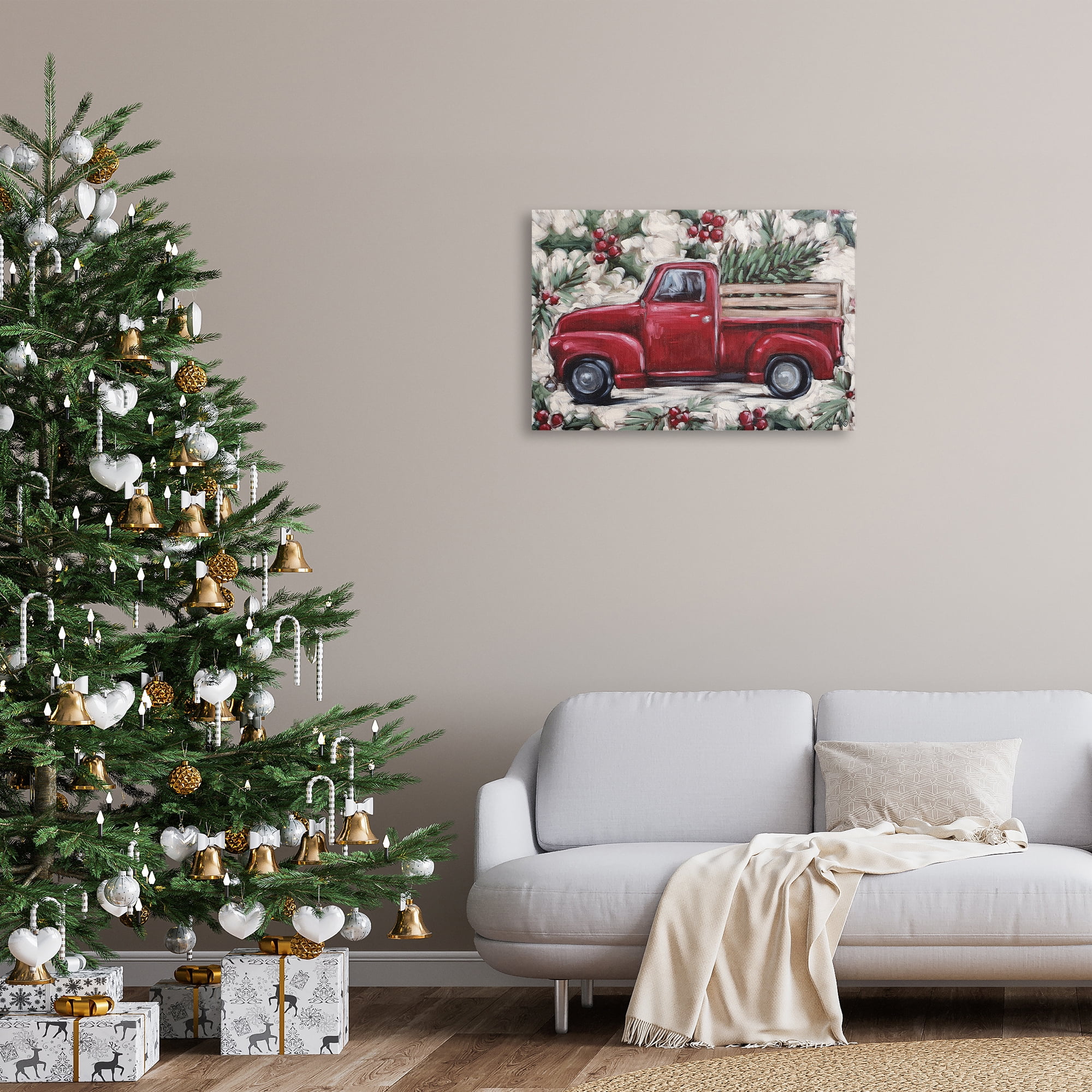 Stupell Industries Pickup & Festive Holly Holiday Painting Gallery Wrapped Canvas Art Print Wall Art, 30 x 20