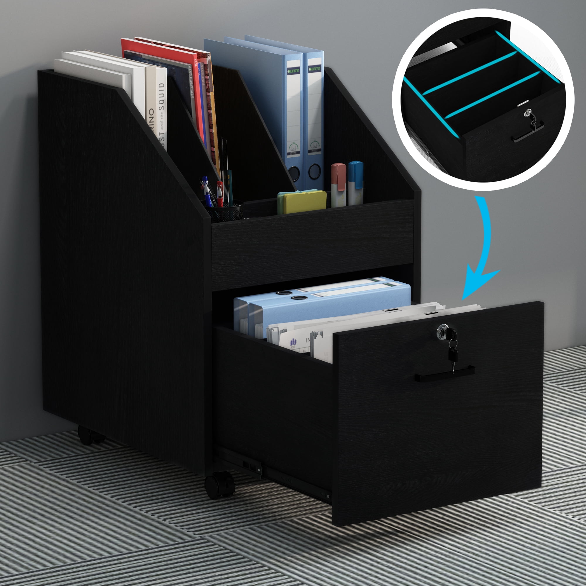 NAIYUFA Mobile File Cabinet with drawers,lock,Rolling Filing Cabinet Wood Storage Shelf for Office Study Room,Black