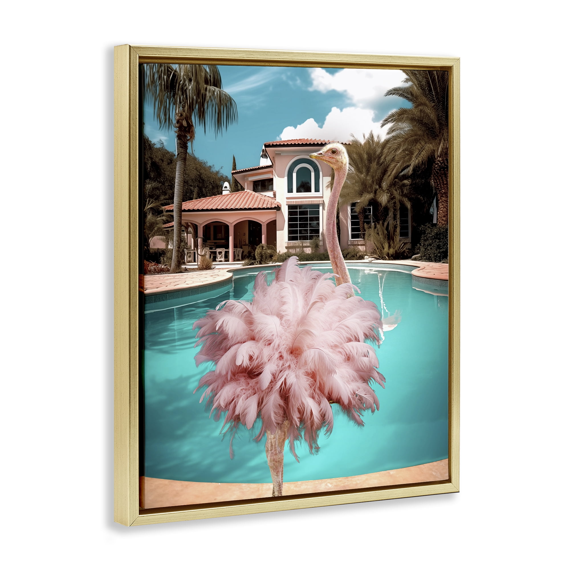 Stupell Industries Pink Feathered Ostrich Animals & Insects Painting Gold Floater Framed Canvas Art Print Wall Art, 25 x 31