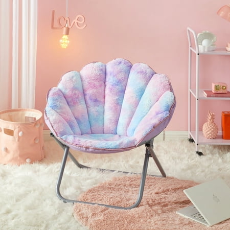 Justice Faux Fur Scallop Folding Saucer™ Chair with Holographic Trim, Purple Tie Dye