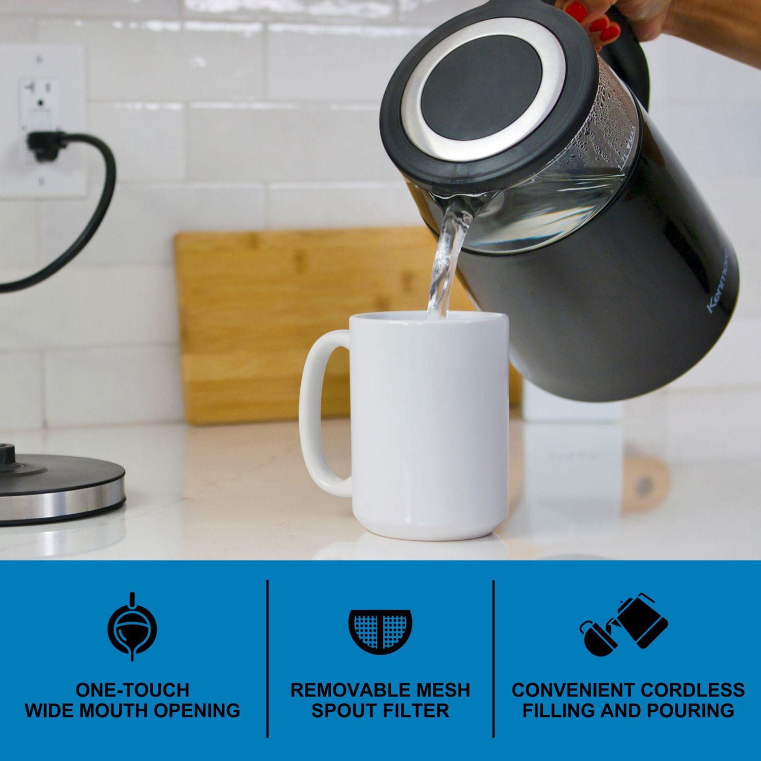 Kenmore 1.7L Electric Kettle Portable Electric Glass Kettle with Temperature Control Digital Display, Lid Glass Electric Kettle, Black