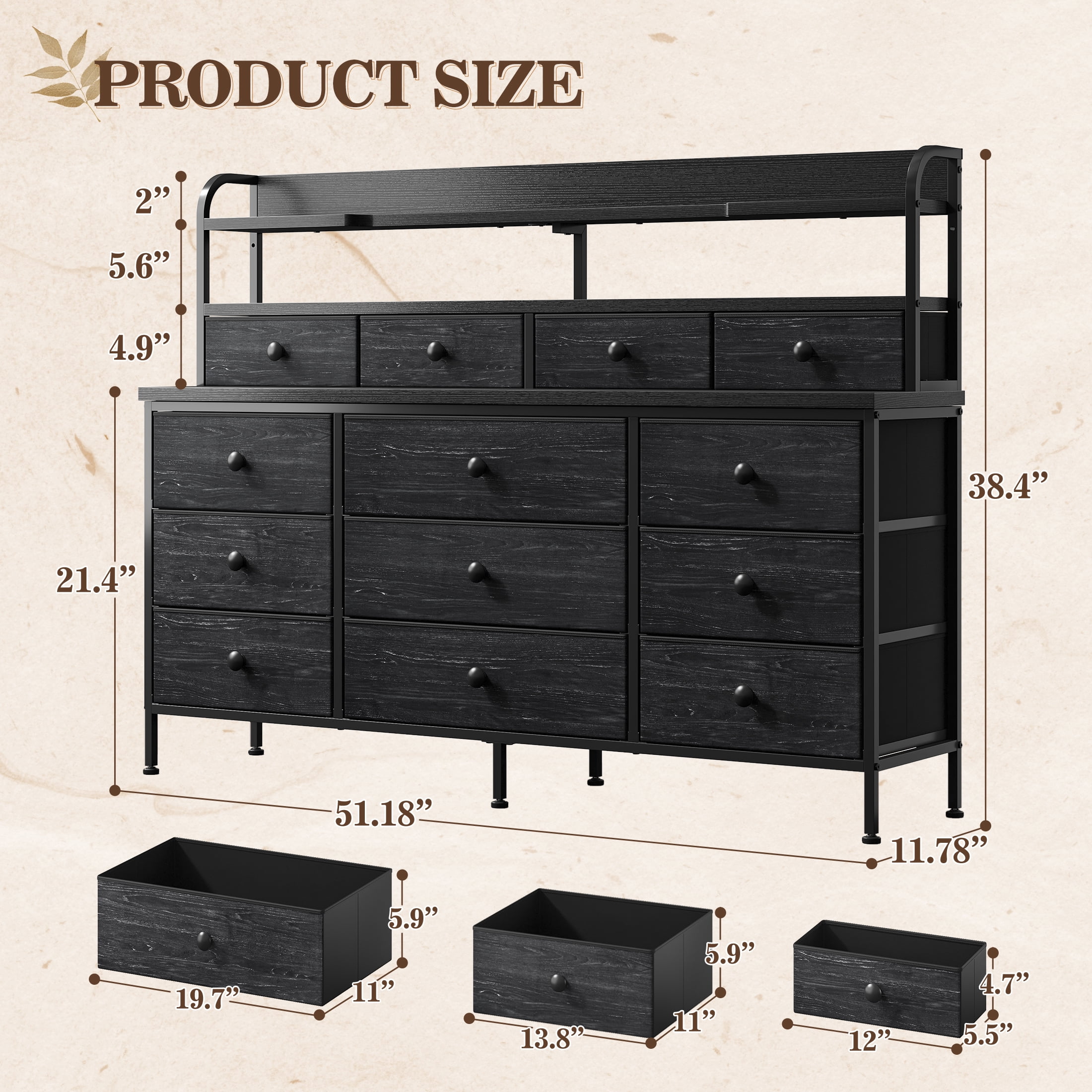 Black Dresser for Bedroom Long Dresser with 13 Fabric Drawers with Shelves for Closet with LED Light
