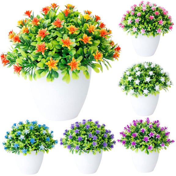 Limei Artificial Plant Flower Fake Plants, Mini Plastic Simulation Plant Fake Green Grass Bonsai for Indoor Office Home Garden Decor, Size:7.9”x7.5”x7.5”(Rose Red)