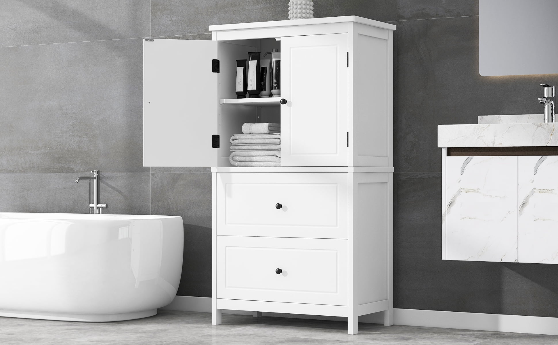 Bathroom Storage Cabinet, Cabinet with Two Doors and Drawers, Adjustable Shelf, MDF Board