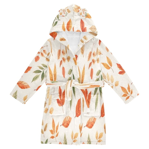 FORMRS Niños Bathrobe Unisex Hooded Robe Soft Plush Pajamas Sleepwear, Size 2-3T, Beige Autumn Leaves