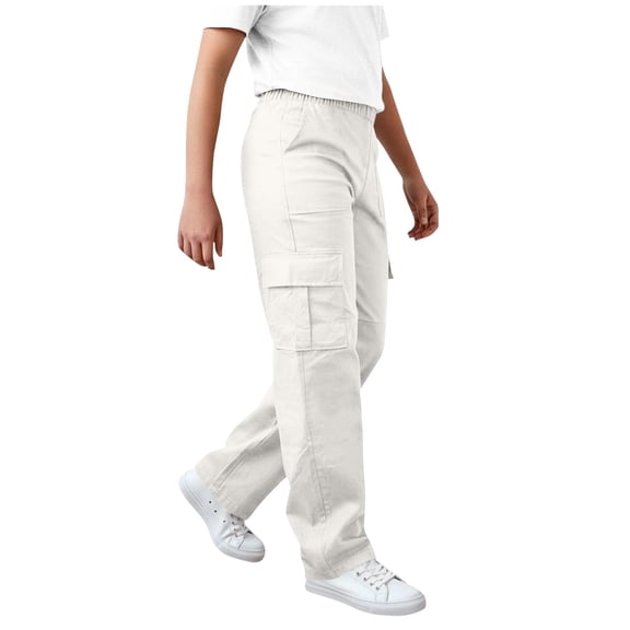 ATOGUTA Boys Cargo Pants With Pockets Wide Leg School Uniform Pants Kids Elastic Waist Flowy Summer Beach Lounge Trousers with Pockets Size 4T-15, White