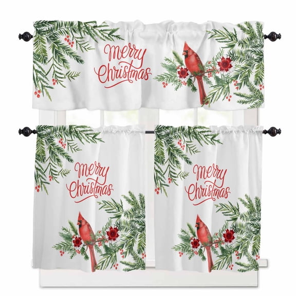 Christmas Owl Curtain Valances Set with Gift Santa Hat Christmas Tree Blue Sky Kitchen Curtains 36 inch Length Rod Pocket Valance and Tiers 3 Piece Set Small Bedroom Bathroom Laundry Decor