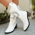 thumbnail image 4 of Embroidery Knee High Cowboy Boots Women Stacked Heel Splice Leather Wide Calf Pull on Long Cowgirl Booties, 4 of 7