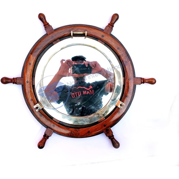 Nagina International Deluxe Nautical Porthole Mirror Wood Hand Crafted Ship Wheel | Captain's Maritime Beach Home Decor