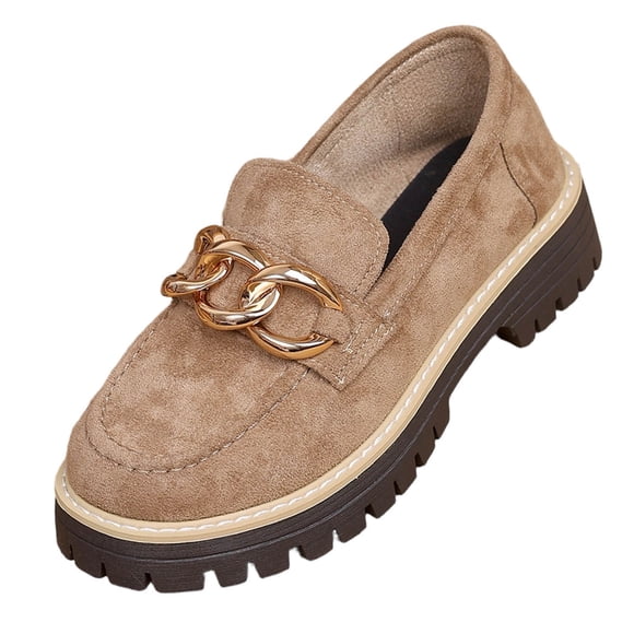 Wdhugt Mocassins à Enfiler pour Femmes avec Décoration Chaîne, Bout Rond, Talon Bloc, Chaussures Décontractées, Us 9 Longueur du Pied 10,24 Pouces, Tige en Pu, Kaki