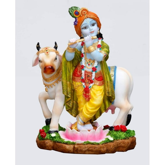 Sri Krishna Culture Big Hindu God and Goddess Polyester Resin Standing Krishna Murti Playing Flute and Cow Gau Mata Idol/Statue/Figurine for Gifting and Home Decor, 9.5-inch, Multicolour