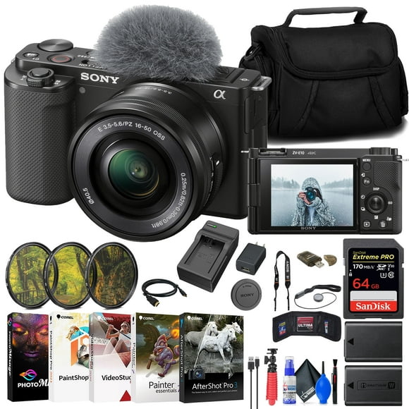 Sony ZV-E10 Mirrorless Camera with 16-50mm Lens (Black) (ILCZV-E10L/B) + 64GB Memory Card + Filter Kit + External Charger + NPF-W50 Battery + Card Reader + Corel Photo Software + HDMI Cable + More
