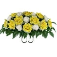 thumbnail image 1 of Sympathy Silks Artificial Cemetery Flowers - Realistic - Outdoor Grave Decorations - Non-Bleed Colors, and Easy Fit - Yellow Open Rose with White Mum Saddle for Headstone, 1 of 3