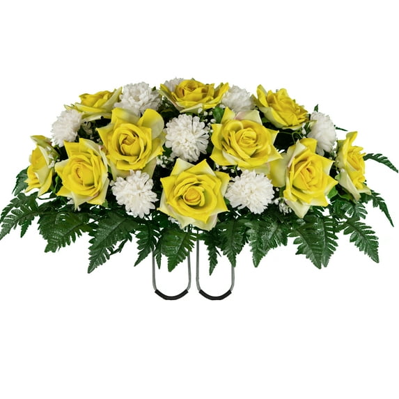 Sympathy Silks Artificial Cemetery Flowers - Realistic - Outdoor Grave Decorations - Non-Bleed Colors, and Easy Fit - Yellow Open Rose with White Mum Saddle for Headstone