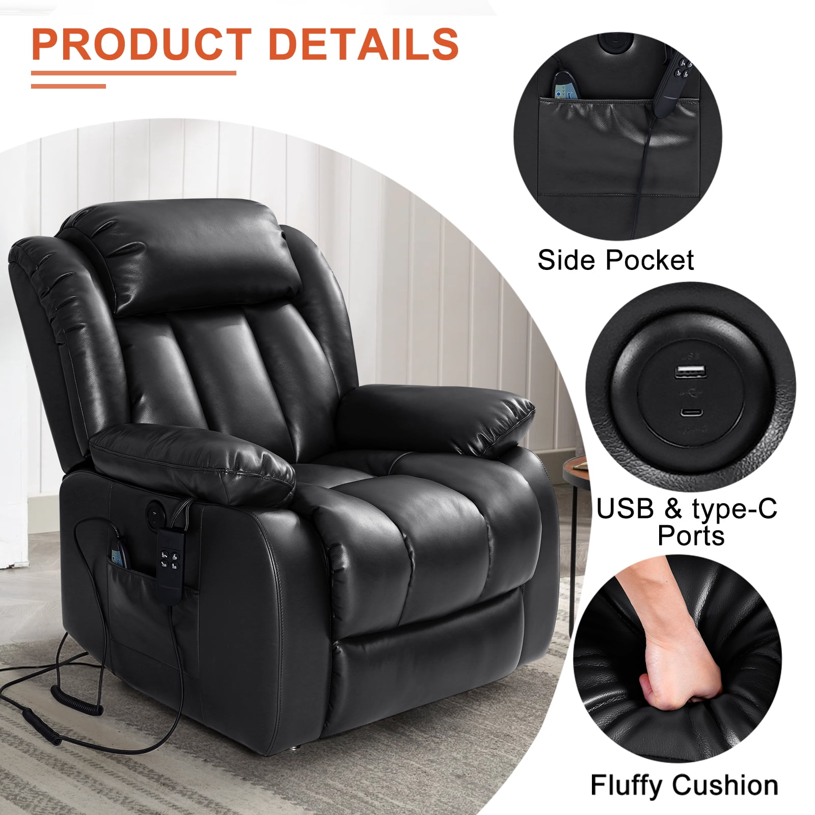 TEKAMON Infinite Position Lift Recliner Chair for Elderly with Heat and Massage Lay Flat Sleeping Leather Dual Motor Power Lift Chair for Living Room (Black)