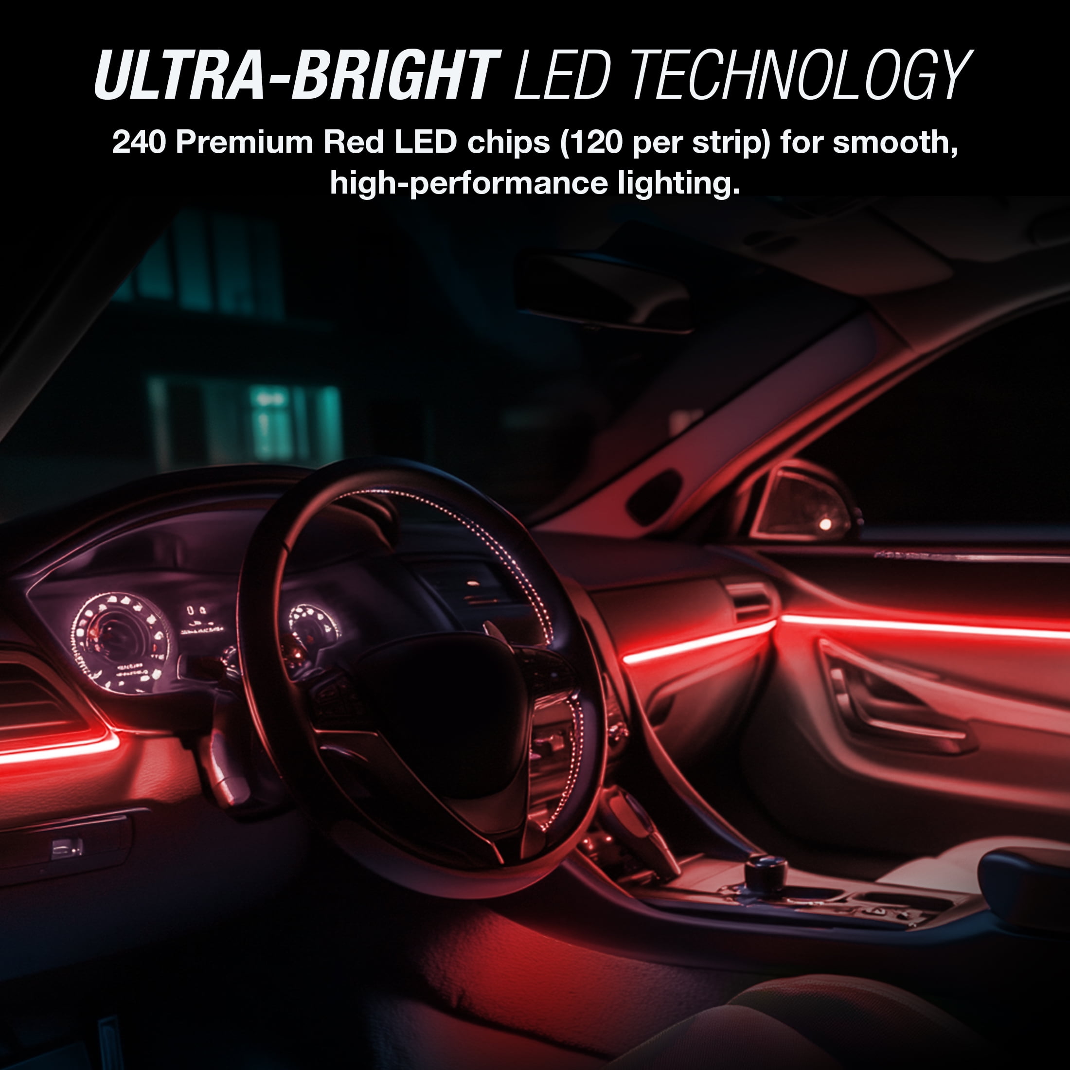 (2 pack) TYPE S - Infinite Glow Red LED Ambient Lighting - Car LED Strip Lights, Light Sync Technology, 3M Adhesive, Trimmable, 12V, 2 x 12" Red Strips, 24 inches